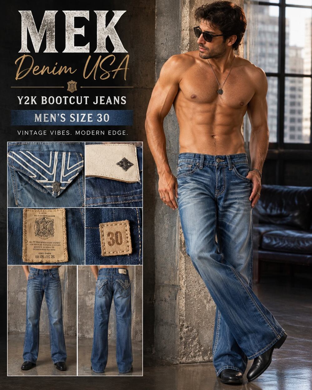 MEK Denim Mens 30 Bootcut Jeans Y2K Embroidered Flap Pocket Distressed Blue